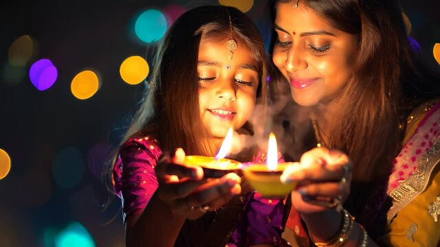 Mother and daughter celebrating Diwali together with diyas in a festive atmosphere at night