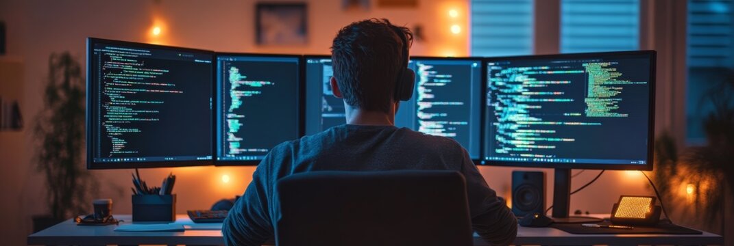 Home office setup with a software developer programming on three screens. Focused on writing complex code late into the night.