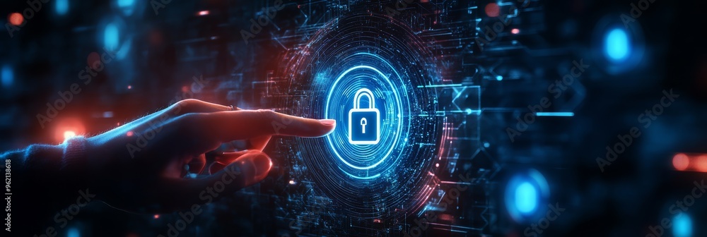 Aufkleber Close-up of hand interacting with a glowing lock symbol on a digital interface. Data security and protection concept.