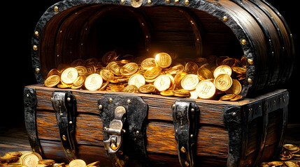 A Wooden Treasure Chest Overflowing with Gold Coins, a Symbol of Wealth and Fortune