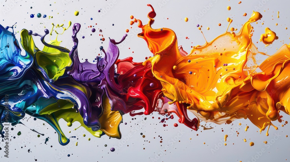 Aufkleber colorful paint splashes in mid-air, creating abstract shapes and patterns on a white background.
