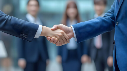 Businesspeople Shaking Hands in Front of Blurred Office Background - Agreement, Collaboration, Partnership, Success, Deal, Professional, Corporate, Teamwork,  Negotiation