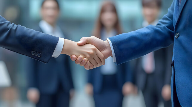 Businesspeople Shaking Hands in Front of Blurred Office Background - Agreement, Collaboration, Partnership, Success, Deal, Professional, Corporate, Teamwork,  Negotiation
