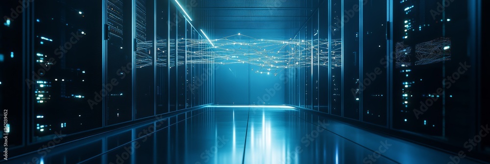 Poster Glowing blue data connections streaming through a narrow server room. Futuristic digital infrastructure and network security.