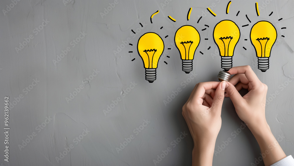 Poster two hands are holding a base of a lightbulb in front of a wall with four light bulbs drawn on it. co