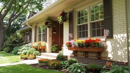 Fototapeta premium Classic house exterior with charming shutters and flower boxes