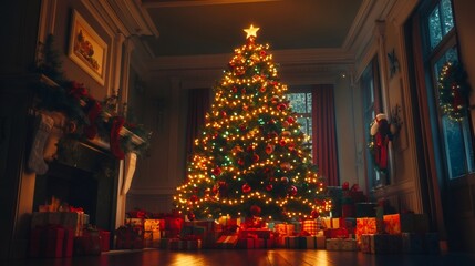 Fototapeta premium Decorated Christmas tree with presents underneath in a cozy living room.