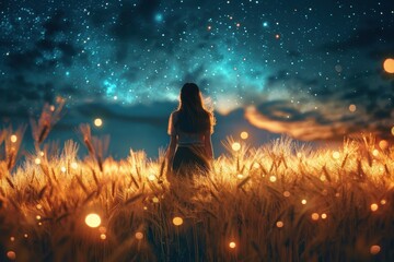 Silhouette of a woman in a field under a starry night sky