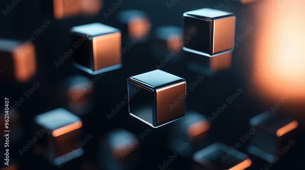 Poster floating 3d cubes in a dark, futuristic setting, showcasing depth and modern design elements with a 