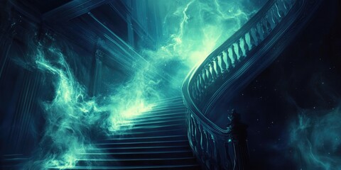 A Glowing Staircase Ascending Through a Mystical Fog
