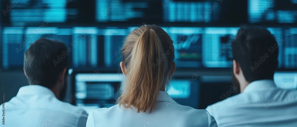 Poster focus on professionals analyzing data in a modern control room with advanced technology and digital 