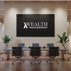 3D render of a modern office space. There is a long table in the middle of the room with several chairs. On the wall behind the table,there is a large screen with the text "Wealth Management"