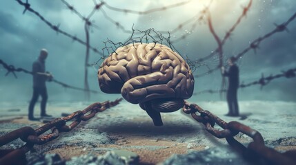 A human brain trapped in chains, symbolizing the limitations of human thought.