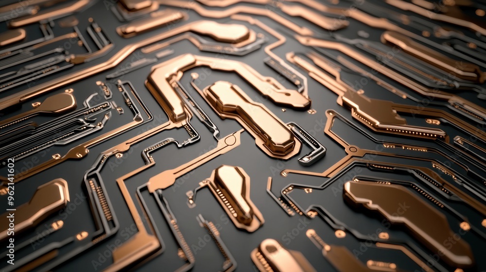 Wall mural A circuit board with copper and gold colored parts, AI