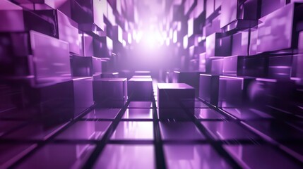 A perspective view of a hallway made of shiny, purple cubes with a bright light at the end.