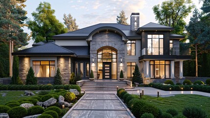 Obraz premium Classic house with a large front yard and welcoming entrance