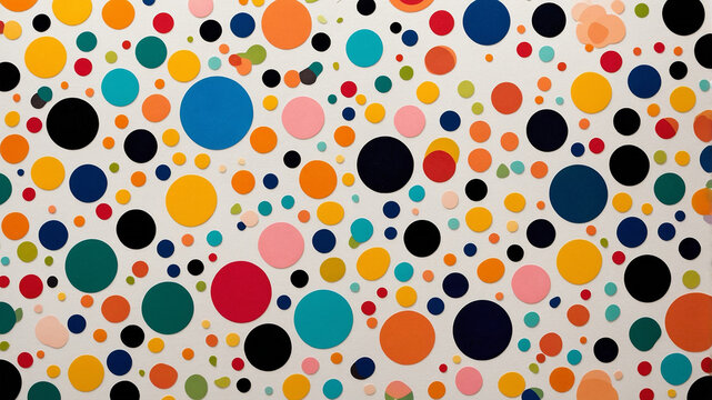 Vibrant multicolored circles arranged in an abstract pattern on a dark background, creating a lively visual.