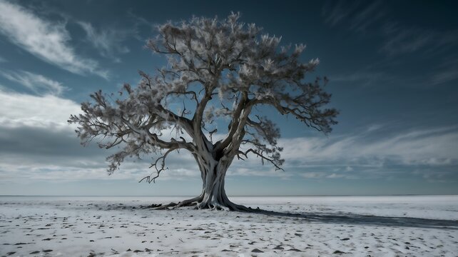 A Tree with dry braches in middle of a Deserted Land with a Blue Sky.