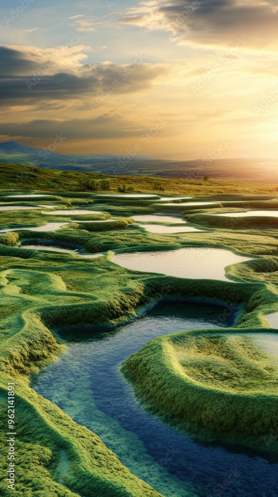 Poster a field of grass with a river running through it, ai