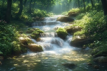 tranquil forest stream crystalclear water winds through lush greenery dappled sunlight mosscovered rocks and vibrant flora create a serene fairytalelike atmosphere in natures sanctuary