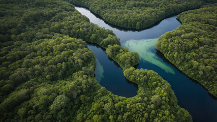 Aerial view of a serene river winding through lush green forest showcasing nature's pristine beauty.