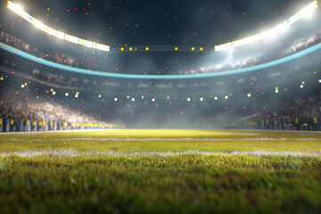 End view of a grass field stadium arena under the lights with a cheering crowd.