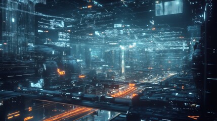 Futuristic city with glowing neon lights and data streams overhead.