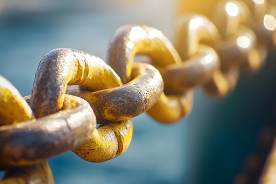 A close-up of heavy chains on an old ship