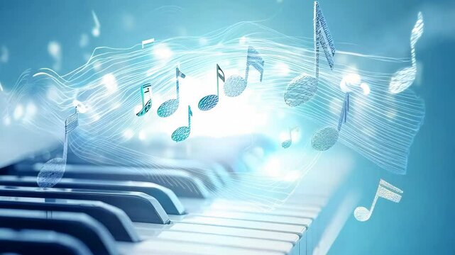 Piano keyboard flowing off into music note against a blue background