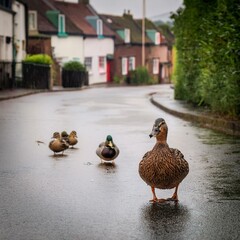Fototapeta premium mallard ducks in a traditional British village, AI generated