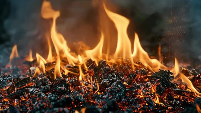 Flames raging from burning debris at a forest clearing during a warm summer day