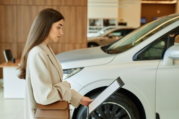 Side view of young woman reading information on car dealership stand displaying vehicle spec sheets at dealership center, copy space