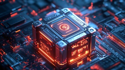 Obraz premium Futuristic glowing cube with digital interface in a complex electronic system.