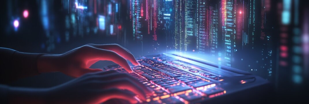 Hands typing on laptop with glowing digital data streams, representing coding and software development.