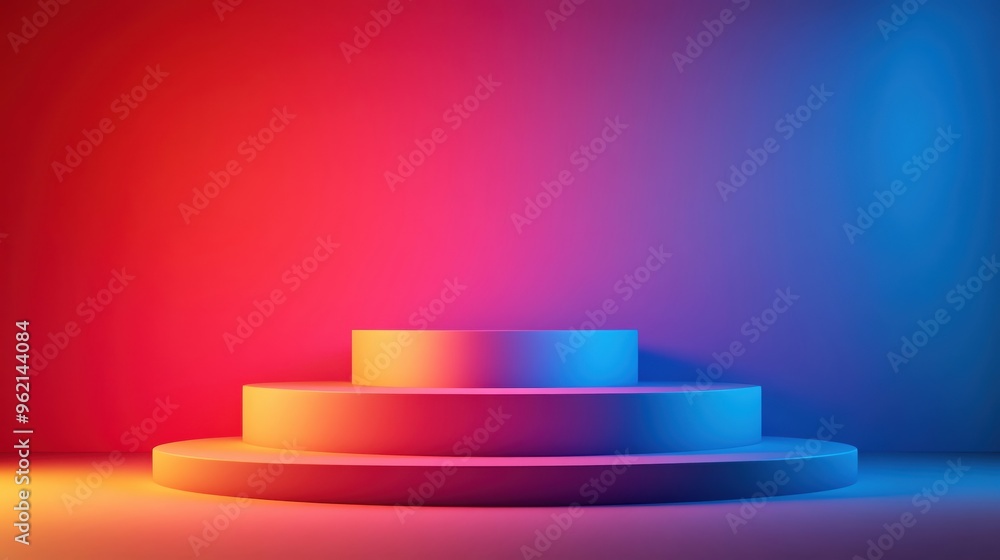 Poster modern three-step platform illuminated with vibrant red and blue lights. ideal for product display o