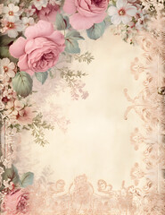 Fondo rom&aacute;ntico de estilo vintage con grandes rosas rosadas y delicadas flores en tonos pastel, ideal para papel digital o proyectos de scrapbooking con un toque nost&aacute;lgico.