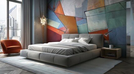 Modern bedroom with a large bed, a geometric wallpaper, a bedside table, an armchair, a window with a city view, and a rug on the wooden floor.