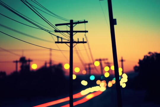 Sunset highway with blurred city lights traffic