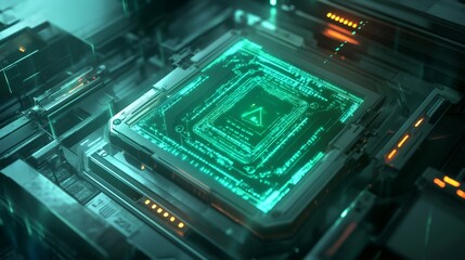 Green digital display with a triangle symbol within a futuristic technology panel with orange lights.