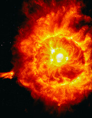 The surface of the sun and solar flares. Solar activity with coronal mass ejection, close-up