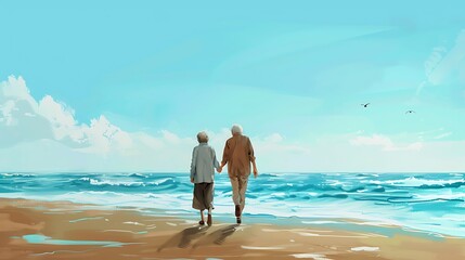 Elderly couple holding hands while walking along a beach, illustrating a serene lifestyle. International Day of Older Persons.