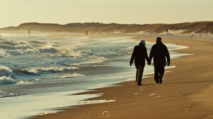 Elderly couple holding hands while walking along a beach, illustrating a serene lifestyle. International Day of Older Persons.