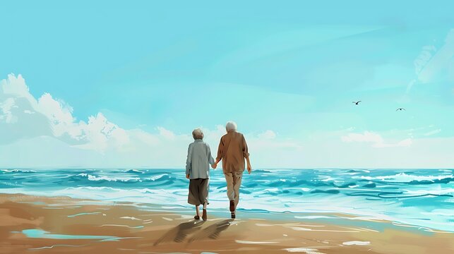 Elderly couple holding hands while walking along a beach, illustrating a serene lifestyle. International Day of Older Persons. - Powered by Adobe