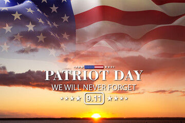 09.11.2001 American Patriot Day banner. Flag of USA against the sunset