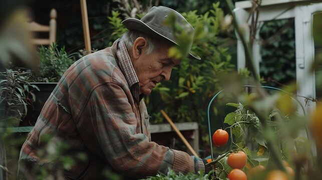 Elderly man gardening, promoting outdoor activities and healthy living. International Day of Older Persons.