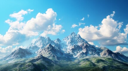 Fototapeta premium Majestic snow-capped mountain peaks rise against a backdrop of fluffy clouds and a clear blue sky.