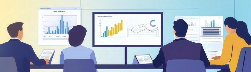 A team of executives reviewing financial reports and market data in preparation for acquiring a smaller business, with charts displaying projected synergies and growth potential