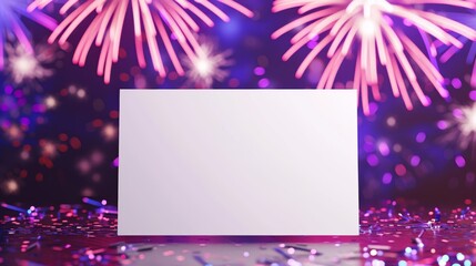 A blank card against a lively backdrop of vibrant fireworks and scattered confetti. Perfect for announcements, invitations, or greeting cards that need a touch of celebration and excitement.