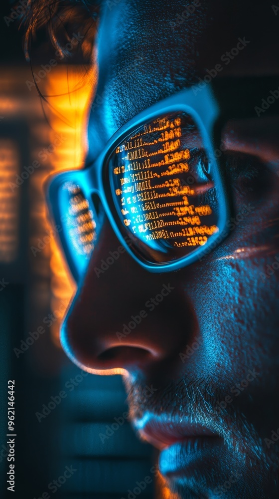 Fototapete Close-up of hands typing code on a laptop with digital code overlay, highlighting programming and modern technology concepts.