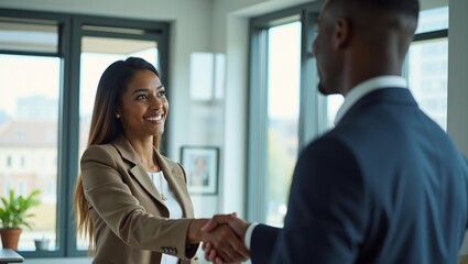 Obraz premium Corporate Diversity Partners Indian Businesswoman and Black Businessman Shaking Hands in Modern Office Setting